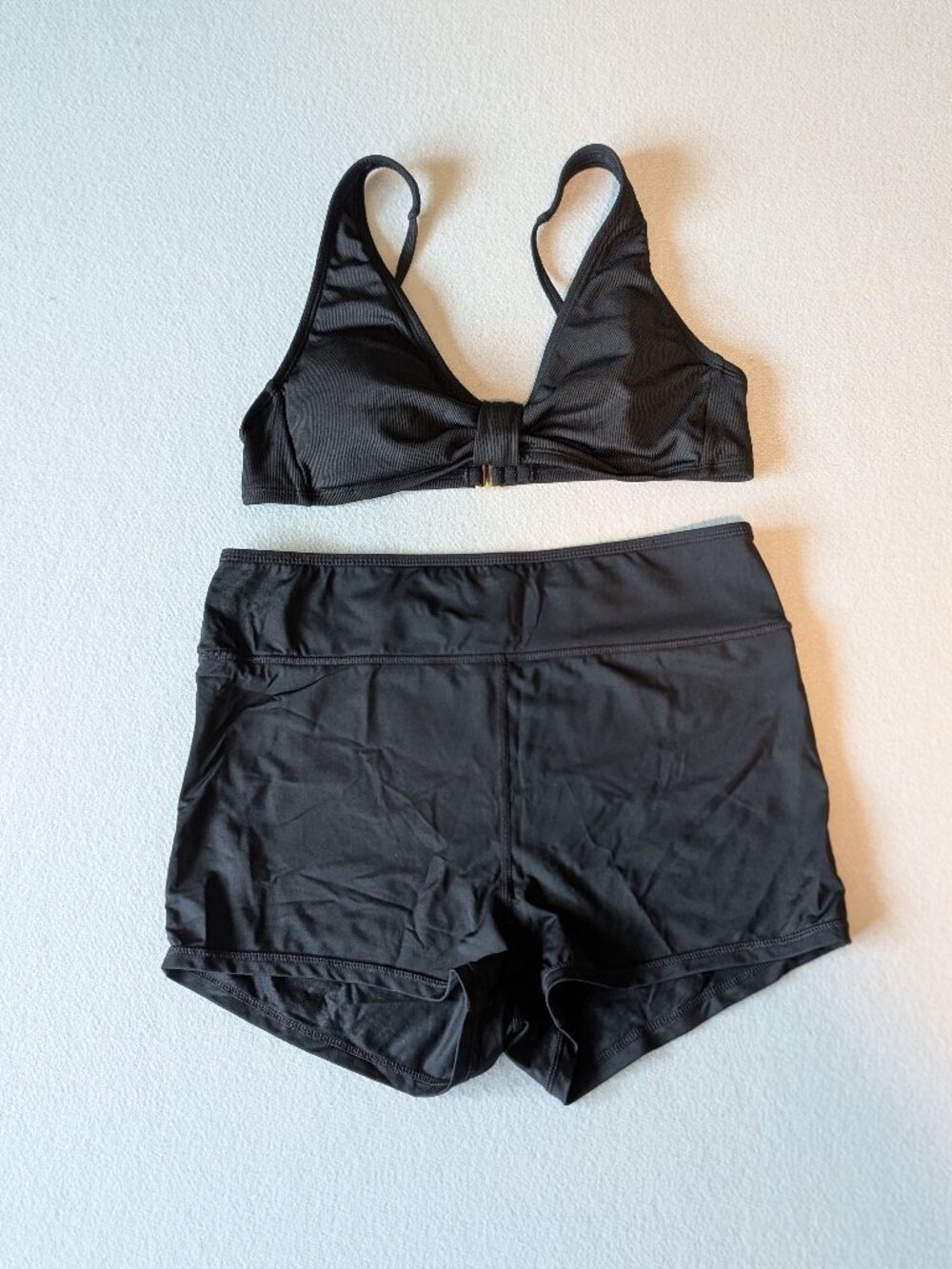 Shade & Shore Black Ribbed Twist Bikini Top & High Waist Swim Shorts Set Sz M